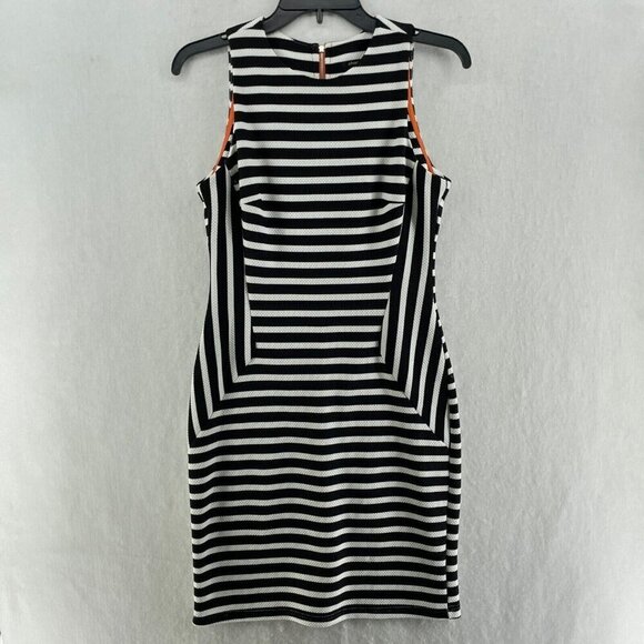 Sharagano Pencil Dress Women's Sz 2 Black Striped Round Neck Back Zip Sleeveless - Picture 1 of 9